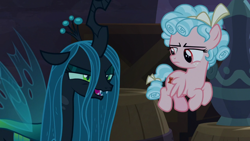 Size: 1920x1080 | Tagged: safe, screencap, cozy glow, queen chrysalis, changeling, changeling queen, pegasus, pony, g4, the summer sun setback, barrel, cozy glow is not amused, duo, female, filly, flying, foal, narrowed eyes