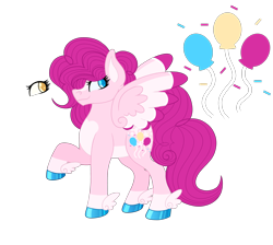 Size: 2422x2172 | Tagged: safe, artist:musical-medic, pinkie pie, pegasus, pony, g4, cutie mark, female, g5 concept leak style, g5 concept leaks, high res, hooves, mare, pegasus pinkie pie, pinkie pie (g5 concept leak), race swap, raised hoof, redesign, simple background, solo, spread wings, transparent background, wings