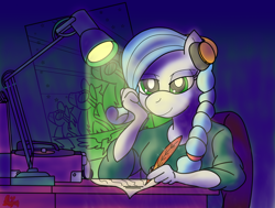 Size: 1648x1248 | Tagged: safe, artist:missmagnificence, oc, oc only, oc:sapphi, oc:sapphire crystal, pegasus, anthro, braid, colored, female, lamp, quill, record player, shading, sitting, smiling, solo, wonderbolts, writing