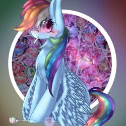 Size: 1080x1080 | Tagged: safe, artist:mapel_flake, rainbow dash, pegasus, pony, g4, blushing, candy, female, food, lollipop, looking at you, mare, simple background, solo