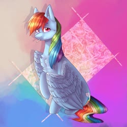 Size: 1080x1080 | Tagged: safe, artist:mapel_flake, rainbow dash, pegasus, pony, g4, backwards cutie mark, candy, female, food, lollipop, looking at you, mare, raised hoof, redraw, simple background, solo