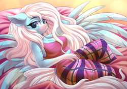 Size: 5000x3500 | Tagged: safe, artist:ask-colorsound, oc, oc only, oc:icy heart, pegasus, anthro, absurd resolution, anthro oc, bed, clothes, female, mare, pajamas, solo