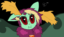 Size: 1423x826 | Tagged: safe, artist:buttercupsaiyan, oc, oc only, oc:pupa, changeling, luna moth, moth, mothpony, original species, 1000 hours in ms paint, 4chan, antennae, baffled, black background, confused, confusion, cute, dark green wings, dyed hair, flopped antennae, floppy ears, fluffy, gem, goth, green coat, hair stripe, meh, mlpg, ms paint, power gem, punk, purple hair, simple background, solo, transgender, wings