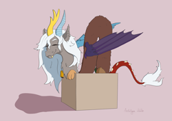 Size: 3508x2480 | Tagged: safe, artist:ardilya, discord, draconequus, g4, adoreris, behaving like a cat, box, cozy, cute, eris, happy, high res, if i fits i sits, in a box, noodle, pink background, rule 63, rule63betes, simple background, white hair