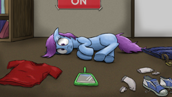 Size: 1158x651 | Tagged: safe, artist:paper-pony, earth pony, pony, /ptfg/, blank flank, book, clothes, clothes on floor, cute, detailed background, female, frown, hand mirror, human to pony, lying down, mare, mirror, on side, post-transformation, shirt, shoes, socks, solo, t-shirt, transformation