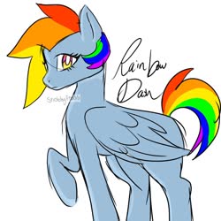 Size: 1024x1024 | Tagged: safe, artist:snobbyfoods, rainbow dash, pegasus, pony, g4, female, folded wings, looking at you, mare, raised hoof, simple background, solo, white background, wings