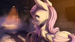 Size: 1024x577 | Tagged: safe, artist:klarapl, fluttershy, oc, unnamed oc, pegasus, pony, unicorn, g4, cheek fluff, duo, female, folded wings, looking at you, looking back, looking back at you, mare, mist, nervous, night, outdoors, scared, shadow, spotlight, stalker, stranger, street, streetlight, this will not end well, unknown pony, wide eyes, wings