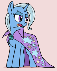 Size: 2000x2496 | Tagged: safe, artist:docwario, edit, trixie, pony, unicorn, g4, cape, clothes, cropped, female, high res, mare, open mouth, pink background, simple background, solo, trixie's cape