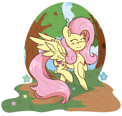 Size: 1024x976 | Tagged: safe, artist:twittershy, fluttershy, pegasus, pony, g4, blushing, eyes closed, female, mare, outdoors, partial background, prancing, simple background, smiling, solo, spread wings, stray strand, transparent background, tree, wings