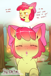 Size: 1200x1800 | Tagged: safe, artist:cold-blooded-twilight, apple bloom, earth pony, pony, g4, adorabloom, blank flank, blushing, bow, close-up, cute, dialogue, ear blush, eyes closed, facing you, female, filly, foal, forest, implied kissing, kiss on the lips, kissing, puckered lips, raised hoof, solo, sweat, tree, underhoof
