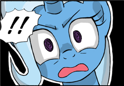 Size: 672x468 | Tagged: safe, artist:crimsonbugeye, trixie, pony, unicorn, g4, black background, cropped, d:, exclamation point, horn, open mouth, simple background, swirly eyes, upset