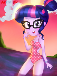 Size: 1536x2048 | Tagged: safe, artist:artmlpk, sci-twi, twilight sparkle, equestria girls, g4, adorable face, adorasexy, adorkable, beach, blushing, bracelet, breasts, cleavage, clothes, cute, dork, female, hair bun, hairpin, jewelry, looking at you, ocean, one-piece swimsuit, sexy, smiling, smiling at you, solo, swimsuit, twiabetes