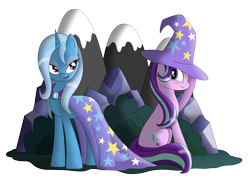 Size: 3912x2840 | Tagged: safe, artist:omnisimon11, starlight glimmer, trixie, pony, unicorn, g4, accessory swap, blush sticker, blushing, clothes, duo, duo female, female, hat, high res, lesbian, lidded eyes, mare, open mouth, open smile, ship:startrix, shipping, simple background, sitting, smiling, transparent background, trixie's hat