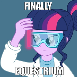 Size: 5000x5000 | Tagged: safe, artist:pink1ejack, sci-twi, twilight sparkle, equestria girls, g4, absurd resolution, clothes, female, lab coat, meme, ponified meme, safety goggles, simple background, solo, test tube, text, vector