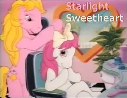 Size: 615x475 | Tagged: safe, edit, edited screencap, screencap, starlight (g1), sweetheart, earth pony, pony, g1, my little pony tales, armchair, bipedal, bow, brush, caption, chair, comb, female, hair bow, window