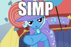 Size: 1080x720 | Tagged: safe, edit, edited screencap, screencap, trixie, pony, unicorn, boast busters, g4, caption, cropped, female, image macro, meme, pointing, pointing at you, simp, solo, text