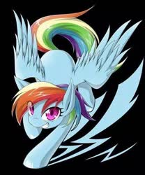 Size: 480x576 | Tagged: safe, artist:blueberry, rainbow dash, pegasus, pony, g4, action pose, anime eyes, black background, female, looking at you, mare, simple background, smiling, smiling at you, solo, spread wings, wings
