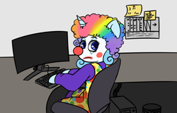 Size: 5014x3218 | Tagged: safe, artist:parfait, oc, oc only, oc:wavebud, pony, unicorn, chair, clown, clown makeup, clown nose, computer, female, keyboard, loss (meme), mare, meme, monitor, office chair, parody, red nose, solo