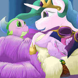 Size: 1584x1584 | Tagged: safe, artist:firefanatic, princess celestia, spike, twilight sparkle, alicorn, dragon, pony, g4, bags under eyes, bed, blushing, boots, comforting, crossover, crying, description is relevant, goggles, minecraft, runny nose, shoes, sick, smiling, story included, tears of joy, teary eyes, thaumcraft, twilight sparkle (alicorn), worried