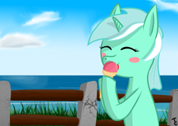 Size: 4960x3508 | Tagged: safe, artist:twistcable, lyra heartstrings, pony, unicorn, g4, cute, eating, female, food, ice cream, ocean, solo, summer