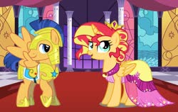 Size: 1280x808 | Tagged: safe, artist:3d4d, flash sentry, sunset shimmer, pegasus, pony, unicorn, g4, ballroom dancing, canterlot, female, male, mare, ship:flashimmer, shipping, stallion, straight