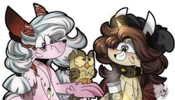 Size: 2290x1320 | Tagged: safe, artist:jxst-starly, owlowiscious, oc, oc:cari-lu, oc:kat, bird, owl, pony, unicorn, g4, coffee, crystal, female, headphones, magic, ponimal, simple background, transparent background