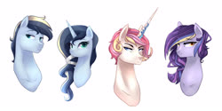 Size: 3000x1500 | Tagged: safe, artist:kraytt-05, oc, oc only, oc:charming heart, oc:crystal shield, oc:crystal spear, oc:diamond shield, pony, bust, female, horn, interdimensional siblings, long horn, male, mare, offspring, parent:princess cadance, parent:shining armor, parents:shiningcadance, siblings, simple background, stallion, white background