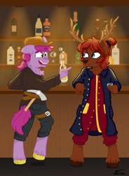 Size: 2480x3377 | Tagged: safe, artist:minty joy, oc, oc:juniper lîdje, oc:mount genepi, deer, earth pony, pony, anthro, alcohol, drunk, high res