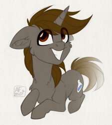 Size: 3130x3500 | Tagged: safe, artist:airfly-pony, oc, oc only, oc:cors recluse, chibi, high res, looking up, male, patreon, patreon reward, prone, smiling, stallion