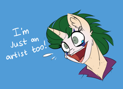 Size: 3440x2492 | Tagged: safe, artist:airfly-pony, oc, oc only, oc:nastich karandasheva, pony, unicorn, blue background, bust, dialogue, female, high res, joker (2019), mare, portrait, simple background, solo, the joker