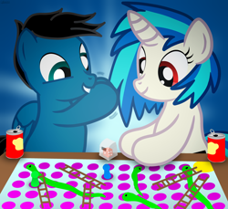 Size: 3600x3300 | Tagged: safe, artist:agkandphotomaker2000, dj pon-3, vinyl scratch, oc, oc:pony video maker, pegasus, pony, unicorn, g4, board game, canon x oc, case, dice, high res, shaking the dice, simple background, snakes and ladders, soda, transparent case, videoscratch