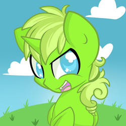 Size: 1024x1024 | Tagged: safe, artist:starlightlore, oc, oc only, oc:pear bloom, pony, unicorn, bust, cloud, grass, horn, open mouth, raised hoof, solo, starry eyes, unicorn oc, wingding eyes