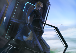 Size: 3317x2316 | Tagged: safe, artist:aidelank, oc, oc only, oc:cutting chipset, pegasus, anthro, anthro oc, clothes, cloud, high res, male, railing, science fiction, sky, solo