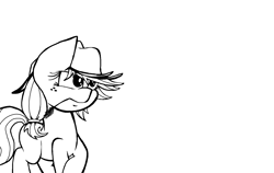 Size: 1708x1080 | Tagged: safe, artist:lucas_gaxiola, applejack, earth pony, pony, g4, female, hat, lineart, mare, monochrome, raised hoof, simple background, solo, straw in mouth, white background