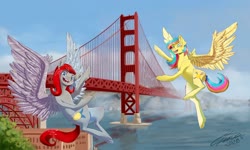 Size: 2048x1229 | Tagged: safe, oc, oc only, oc:gallop crush, oc:golden gates, pegasus, pony, babscon, babscon mascots, bridge, golden gate bridge, ocean, san francisco