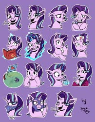 Size: 3202x4096 | Tagged: safe, artist:ami-gami, starlight glimmer, pony, unicorn, g4, angry, balaclava, bandana, blushing, book, bruh, bust, cloth gag, clothes, communism, communist manifesto, crying, cute, embarrassed, expressions, eyes closed, female, gag, glimmerbetes, glowing horn, grin, hat, hoof on chest, horn, kite, kite flying, laughing, looking at something, looking down, magic, magic aura, mug, nervous, nervous smile, nordic gamer, nurse hat, ok boomer, older, older starlight glimmer, open mouth, outline, over the nose gag, portrait, purple background, sheepish grin, signature, simple background, ski mask, smiling, solo, stalin glimmer, starlight's gag, suit, telegram sticker, white outline