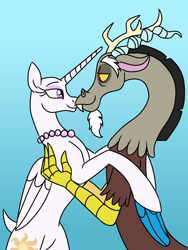 Size: 600x800 | Tagged: safe, artist:spyro-for-life, discord, princess celestia, alicorn, draconequus, pony, fanfic:celestia's new life, g4, bald, cover art, embrace, eyeliner, eyeshadow, fanfic, fanfic art, fanfic cover, female, hairless tail, housewife, jewelry, love, makeup, male, married, married couple, mascara, necklace, pearl necklace, shaved head, shaved tail, ship:dislestia, shipping, straight