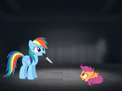 Size: 1369x1032 | Tagged: safe, rainbow dash, scootaloo, pegasus, pony, g4, abuse, background pony strikes again, female, filly, knife, mare, mouth hold, op is a duck, out of character, scootabuse, this will end in death, this will end in tears, this will end in tears and/or death
