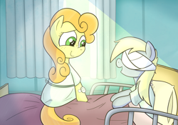 Size: 1472x1029 | Tagged: safe, artist:cookieboy011, derpibooru exclusive, carrot top, derpy hooves, golden harvest, earth pony, pegasus, pony, g4, where the apple lies, bandage, bed, blind, cute, daaaaaaaaaaaw, duo, female, filly, filly carrot top, filly derpy, filly derpy hooves, freckles, friendship, heartwarming, hospital, hospital bed, shipping fuel, younger