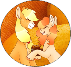 Size: 689x654 | Tagged: safe, artist:nobleclay, applejack, oc, oc:pear jam, earth pony, pony, g4, blaze (coat marking), coat markings, eyes closed, facial markings, female, food, freckles, mare, mother and child, mother and daughter, offspring, parent:applejack, parent:sheriff tumbleweed, parents:tumblejack, pear, smiling, unshorn fetlocks