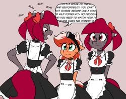 Size: 1404x1106 | Tagged: safe, artist:whatsapokemon, oc, oc only, oc:ruby streak, oc:sage, oc:thyme, earth pony, anthro, bow, clothes, female, freckles, hair bow, hand on hip, maid, mistress, speech