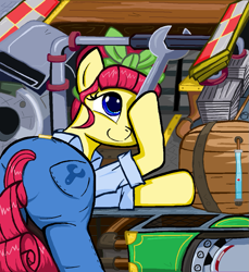 Size: 1045x1139 | Tagged: safe, artist:sallycars, torque wrench, earth pony, pony, g4, rainbow roadtrip, atorqueable, butt, cute, female, ms paint, plot, smiling, solo, working, wrench