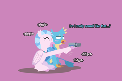 Size: 2207x1474 | Tagged: safe, artist:gd_inuk, gallus, silverstream, classical hippogriff, griffon, hippogriff, g4, blushing, cute, diastreamies, duo, eyes closed, female, gallabetes, gallus is not amused, giggling, hug, male, pink background, simple background, sitting, unamused, video camera