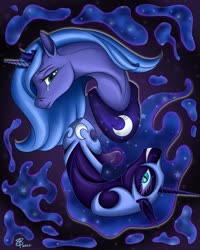 Size: 1080x1350 | Tagged: safe, artist:onyxshaye, nightmare moon, princess luna, alicorn, pony, g4, duality, evil smile, female, grin, mare, mirrored, no more ponies at source, s1 luna, signature, smiling, teary eyes, watermark