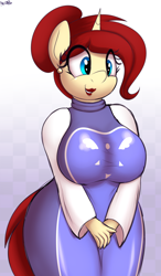 Size: 1844x3148 | Tagged: safe, artist:an-tonio, oc, oc only, oc:golden brooch, unicorn, anthro, anthro oc, big breasts, breasts, clothes, cosplay, costume, crossover, cute, female, lipstick, red lipstick, solo, toriel, undertale