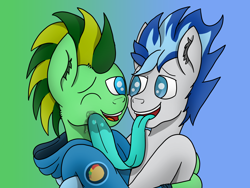 Size: 4032x3024 | Tagged: safe, artist:tacomytaco, oc, oc only, oc:aspen volare, oc:taco.m.tacoson, pegasus, pony, bipedal, clothes, commission, cuddling, drool, face licking, gradient background, hoodie, hug, licking, long tongue, male, one eye closed, tongue out