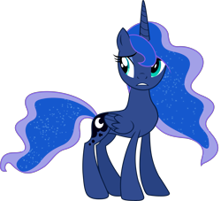 Size: 5981x5420 | Tagged: safe, artist:illumnious, edit, editor:slayerbvc, vector edit, princess luna, alicorn, pony, g4, accessory-less edit, bare hooves, female, looking back, mare, missing accessory, simple background, solo, transparent background, vector, worried
