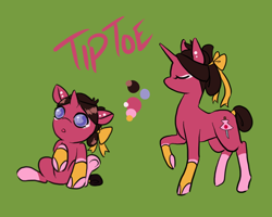 Size: 1000x800 | Tagged: safe, artist:lavvythejackalope, oc, oc only, oc:tiptoe, pony, unicorn, :o, baby, baby pony, bow, duo, ear piercing, eyes closed, female, hair bow, horn, leg warmers, mare, open mouth, piercing, raised hoof, reference sheet, simple background, sitting, text, underhoof, unicorn oc, wide eyes