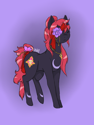 Size: 1500x2000 | Tagged: safe, artist:lavvythejackalope, oc, oc only, earth pony, pony, bow, earth pony oc, eyes closed, flower, flower in hair, gradient background, hanahaki disease, jewelry, male, necklace, signature, solo, stallion, tail bow, tattoo