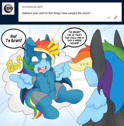 Size: 1983x2020 | Tagged: safe, artist:blackbewhite2k7, rainbow dash, pegasus, pony, g4, ask, baby, baby dash, batman, batmare, batmite, clothes, comic, costume, crossover, duo, duo female, female, filly, foal, mare, parody, tumblr, younger